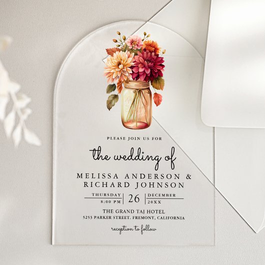 Invitations En Acrylique Pot de fleurs de dahlia d'automne en bocal de maço