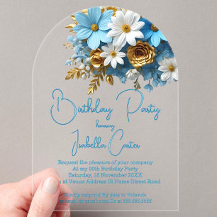 Invitations En Acrylique Poudre Bleue Fête d'Anniversaire Fleurs Blanches O