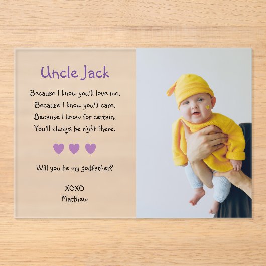 Invitations En Acrylique Pourpre Serez-Vous Mon Parrain Proposition Baptême (Recto)