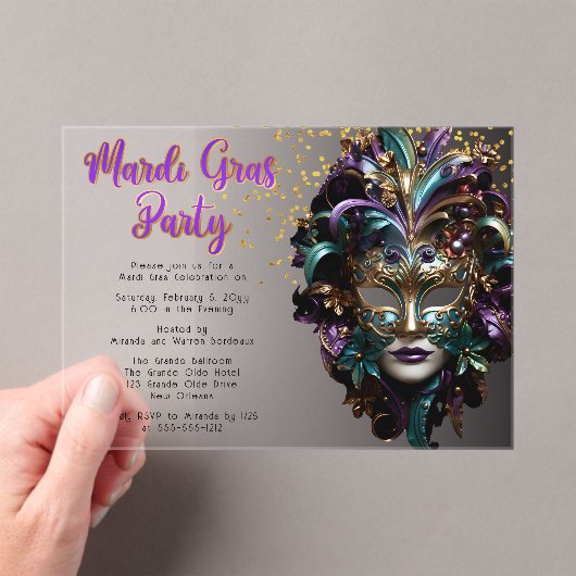 Invitations En Acrylique Pourpre | Turquoise Masquerade Masque Mardi Gras P (In situ (ordinateur de poche))