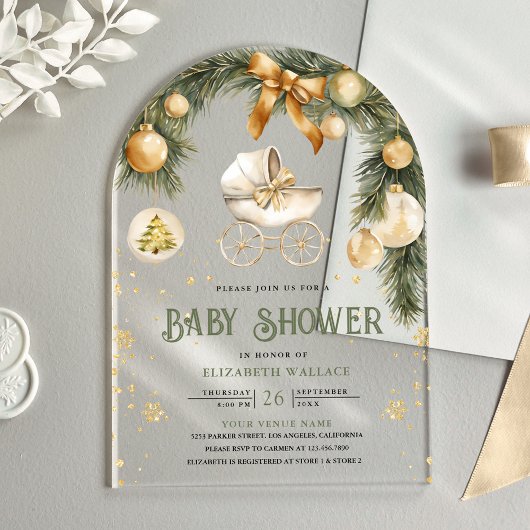 Invitations En Acrylique Poussette Rustique Boho Baby shower de Noël d'hive