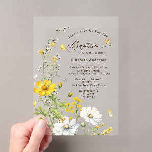 Invitations En Acrylique Prairie de fleurs sauvages papillons baptême botan