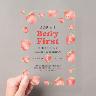Invitations En Acrylique Premier anniversaire de fraise de motif de fraise