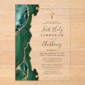 Invitations En Acrylique Première communion Agate Géode Vert Or (Recto)