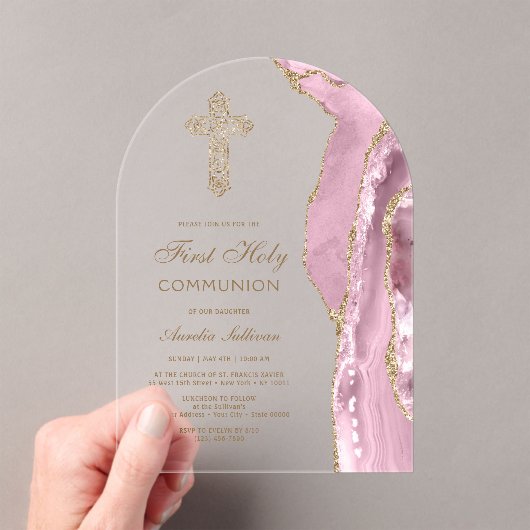 Invitations En Acrylique Première communion Agate rose (In situ (ordinateur de poche))