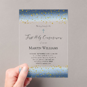 Invitations En Acrylique Première communion aquarelle bleue