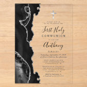 Invitations En Acrylique Première communion Black Silver Agate (Recto)