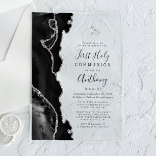 Invitations En Acrylique Première communion Black Silver Agate