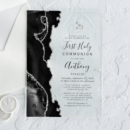 Invitations En Acrylique Première communion Black Silver Agate