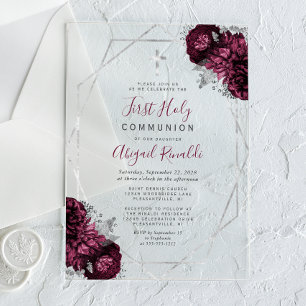 Invitations En Acrylique Première communion cadre argent floral Bourgogne