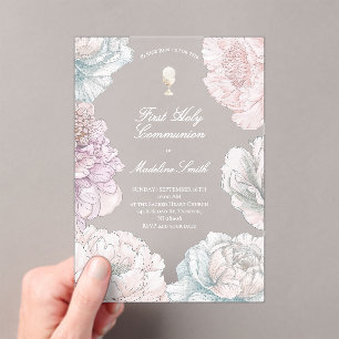 Invitations En Acrylique première communion couleurs pastel pivoines 