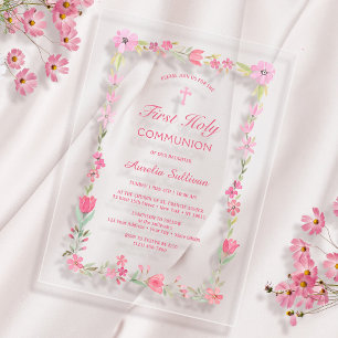 Invitations En Acrylique Première communion de cadre floral rose clair