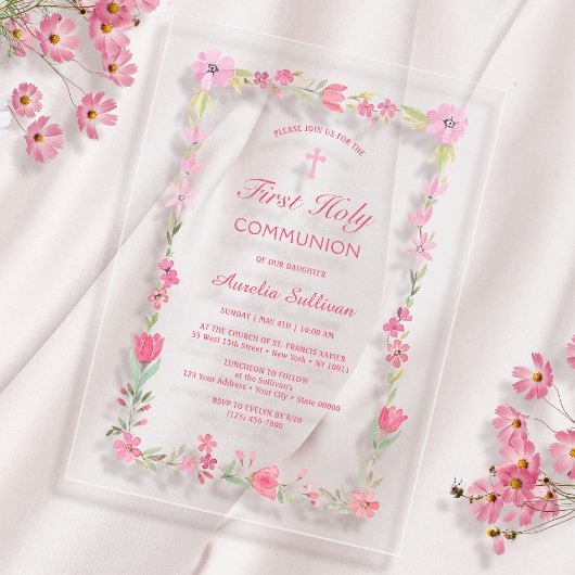 Invitations En Acrylique Première communion de cadre floral rose clair