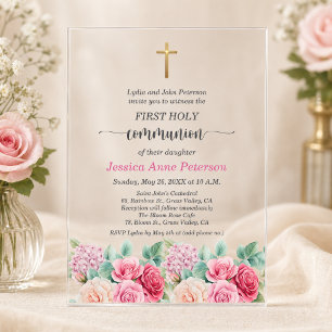 Invitations En Acrylique Première communion de fille Croix d'or Roses Flora
