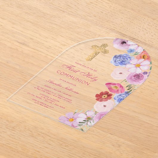 Invitations En Acrylique Première communion de l'arc Fleur sauvage d'aquare (Poser)