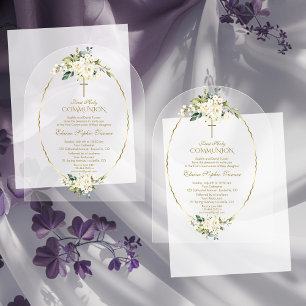 Invitations En Acrylique Première communion de luxe fleurs blanches or