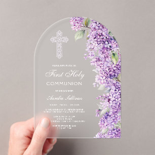 Invitations En Acrylique Première communion élégante arche lilas