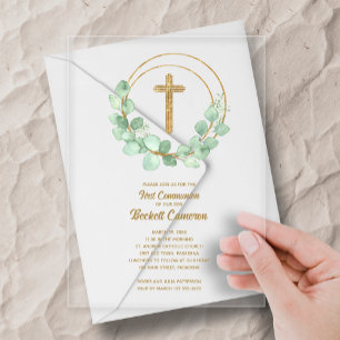 Invitations En Acrylique Première communion élégante Eucalyptus