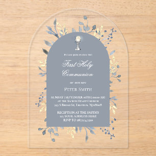 Invitations En Acrylique première communion feuillage bleu