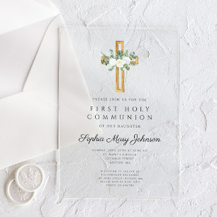 Invitations En Acrylique Première communion fille aux pivoines florales élé