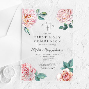 Invitations En Acrylique Première communion fille croix florale élégante