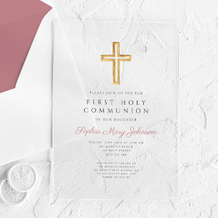 Invitations En Acrylique Première communion fille religieuse croix rose mod