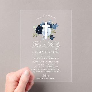 Invitations En Acrylique Première communion florale bleu poussiéreux et mar