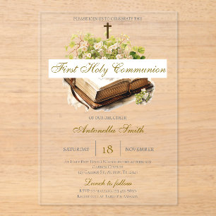 Invitations En Acrylique Première communion florale pour fille