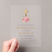Invitations En Acrylique Première communion Florale Rose Croix Or (In situ (ordinateur de poche))