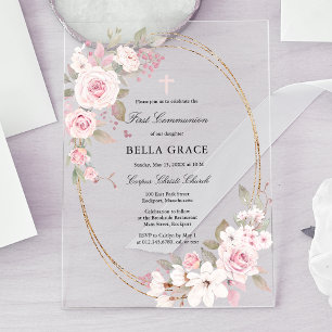 Invitations En Acrylique Première communion florale rose rose rustique