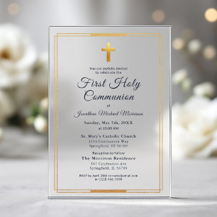 Invitations En Acrylique Première communion garçon bleu marine or