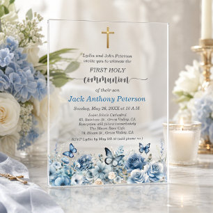 Invitations En Acrylique Première communion garçon Croix dorée Fleur bleue