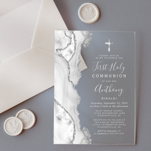 Invitations En Acrylique Première communion gris argent Agate