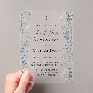 Invitations En Acrylique Première communion petites fleurs aquarelle bleues