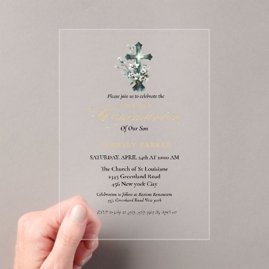 Invitations En Acrylique Première communion sainte aquarelle Croix florale (In situ (ordinateur de poche))