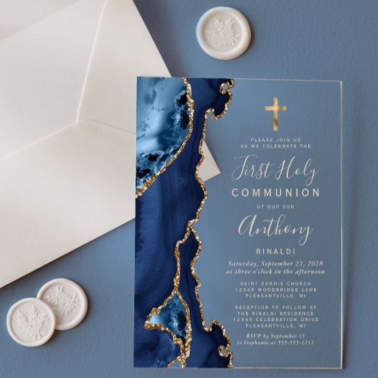 Invitations En Acrylique Première communion texte bleu or agate géode
