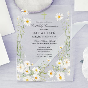 Invitations En Acrylique Première Sainte Communion Blanche Daisy Florale
