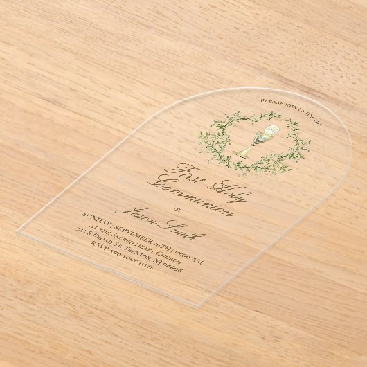 Invitations En Acrylique Première Sainte Communion calice crête verte (Poser)
