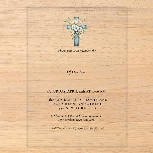 Invitations En Acrylique Première sainte communion Croix florale aquarelle