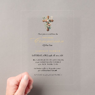 Invitations En Acrylique Première sainte communion Croix florale aquarelle