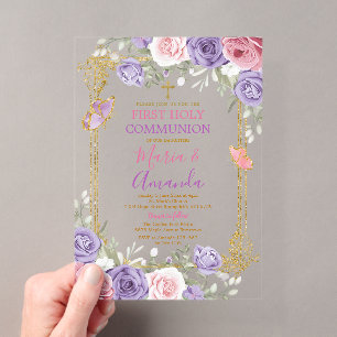 Invitations En Acrylique Première Sainte Communion Croix Or Florale Rose Vi