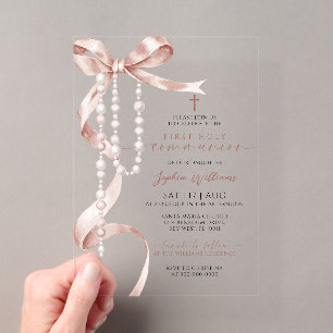 Invitations En Acrylique Première Sainte Communion Élégante avec Nœud Papil