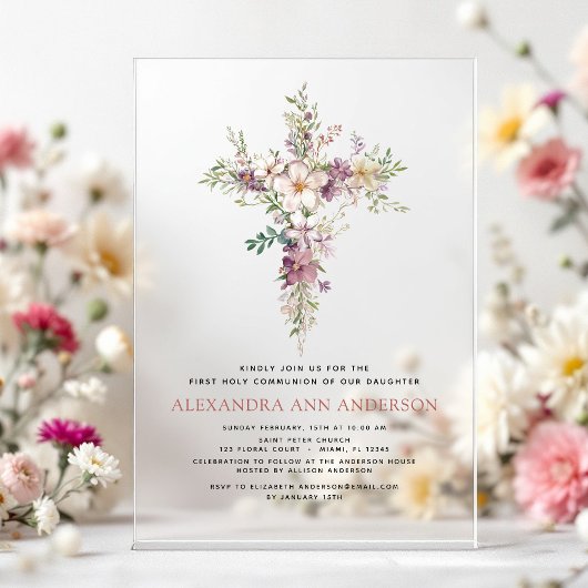 Invitations En Acrylique Première Sainte Communion Fleur Sauvage Violette