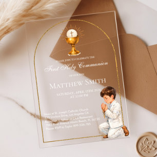 Invitations En Acrylique Première Sainte Communion Garçon Or Boho Arche & C