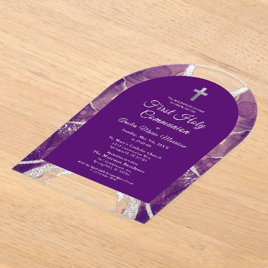 Invitations En Acrylique Première Sainte Communion Purple Argent Agate Élég (Poser)