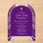 Invitations En Acrylique Première Sainte Communion Purple Argent Agate Élég (Recto)