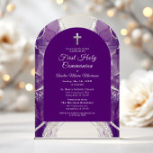 Invitations En Acrylique Première Sainte Communion Purple Argent Agate Élég