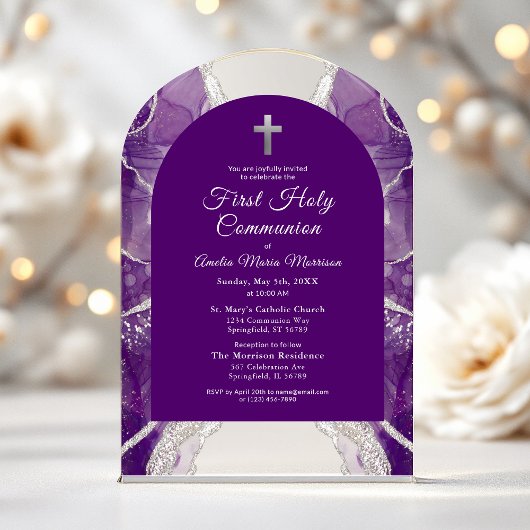 Invitations En Acrylique Première Sainte Communion Purple Argent Agate Élég