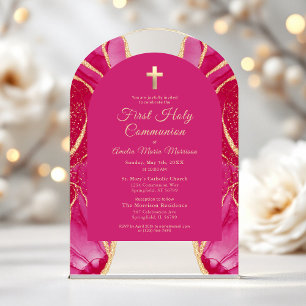 Invitations En Acrylique Première Sainte Communion Rose Chaud Agate Or