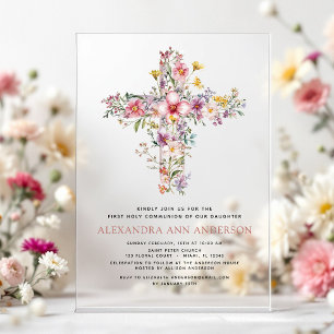 Invitations En Acrylique Première Sainte Communion Rose Fleurie Rose Pâle